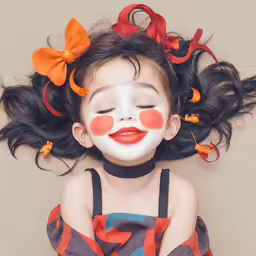 a young girl is wearing an orange face mask