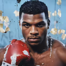 a man with his eyes open wearing boxing gloves
