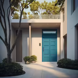 an entry way with a potted plant, planter and trees
