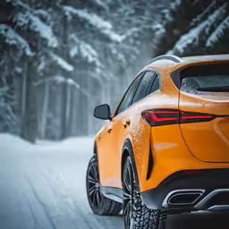orange car driving through the snow on a snowy road