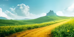 there is a dirt path and field with wild flowers on the side