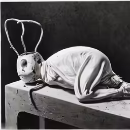 a scary mask lies on the ground next to a pillow