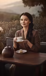 woman sitting at a table with a cup and plate of food