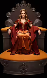 a female in a red dress sits on an ornate bench