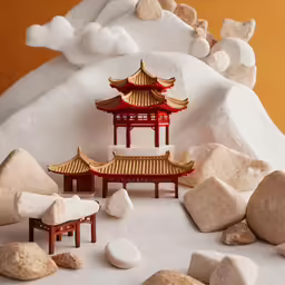 the small chinese shrine is surrounded by rocks