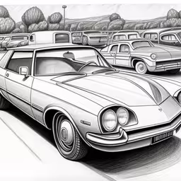 a drawing of a group of cars in a parking lot,a drawing of a vintage car parked in a parking lot