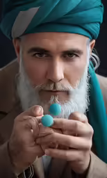 a man with a big beard has a ring in his hand