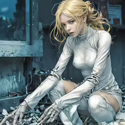 a woman in white and white is kneeling down with one foot on her feet