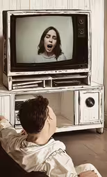 there is a man sitting on the floor watching television,a man is watching a woman on a television