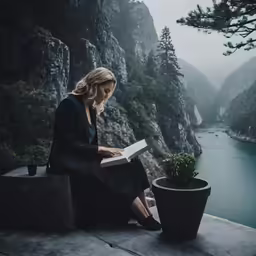 woman sitting on wall with book in her hand