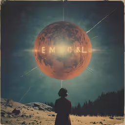 a woman standing under a giant object that says tem fail