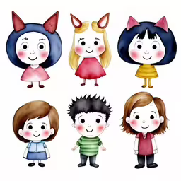 four little children wearing different colored clothes and hats,some children are standing in the middle of their illustrations