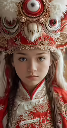 the young girl in the chinese dress is wearing a hat with a bear and other decorations on it