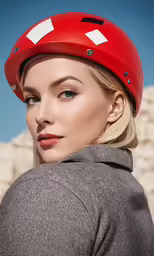 a woman wearing a helmet with a white arrow