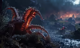 some demonic looking items on some rocks in the water