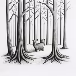 two foxes in the woods in pencil