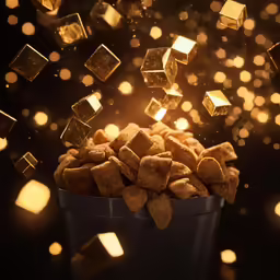 golden cubes falling from a bucket full of gold