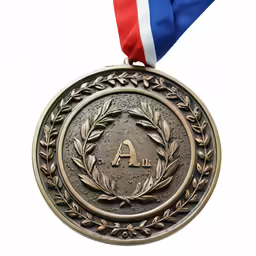 a bronze medal has a blue ribbon around it