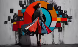 a woman is holding a colorful bag and standing in front of a wall