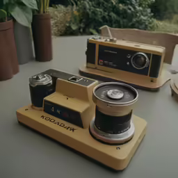 a table with two cameras and a camera on it