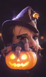 a woman wearing a witches hat holding a carved pumpkin
