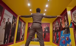 a man standing in front of a wall of movie posters