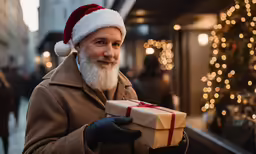 the old man in santa hat is holding a box