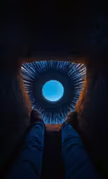 person standing inside a stone tunnel looking up at the sky