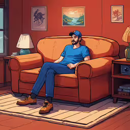 cartoon man sitting on the couch in the living room,a man is sitting on an orange couch