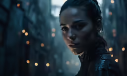 a woman wearing dark clothing standing in front of a street with lights