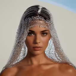 a woman with white lace is looking to the side