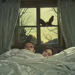 two people are lying in a bed near a window