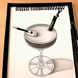 a drawing of a wine glass that has a cigarette resting on it,a drawing of an alcoholic drink with a bottle of wine