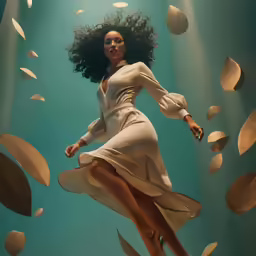 a woman poses beneath many floating objects