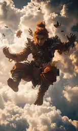 a man dressed as a fairy flying through the clouds
