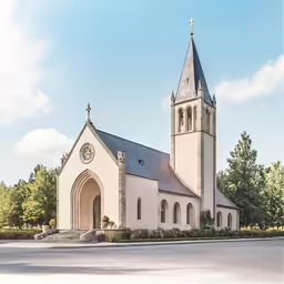 a church with an arched roof and steeple with steeples