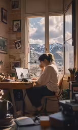 the woman sitting in the chair is working on her laptop