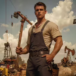 the man in the overalls is standing by some machinery