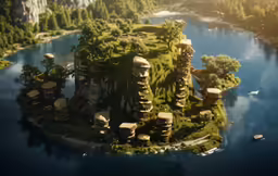 a very unique little island with some buildings on top
