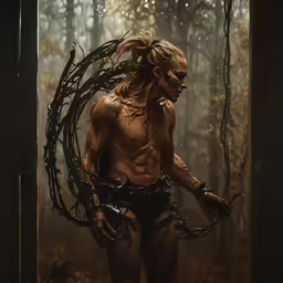 a male witch wearing a wreath is standing in the woods