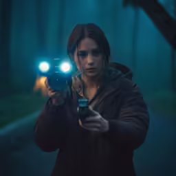 a person holding a camera with two lights on their hands