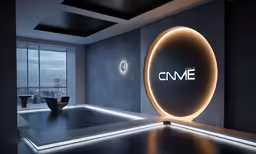 the sign for cnme on the wall near a chair