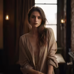 a woman standing in a dark room wearing a beige shirt