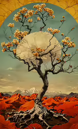 a painting of a barren tree with flowers in the background