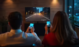 people watching a tv with their phones