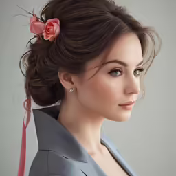woman with a rose in her hair, close up photo