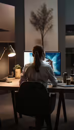 a person sits at a desk on their laptop