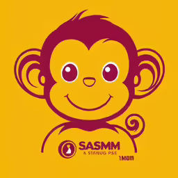 a smiling monkey with the word sasm on it