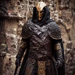 a man wearing a dark leather outfit with gold decorations