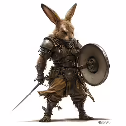 a bunny dressed in armor holding a sword and a shield